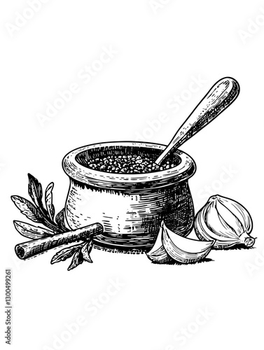 Engraved illustration of a traditional spice bowl with garlic, cinnamon, and herbs on a flat surface