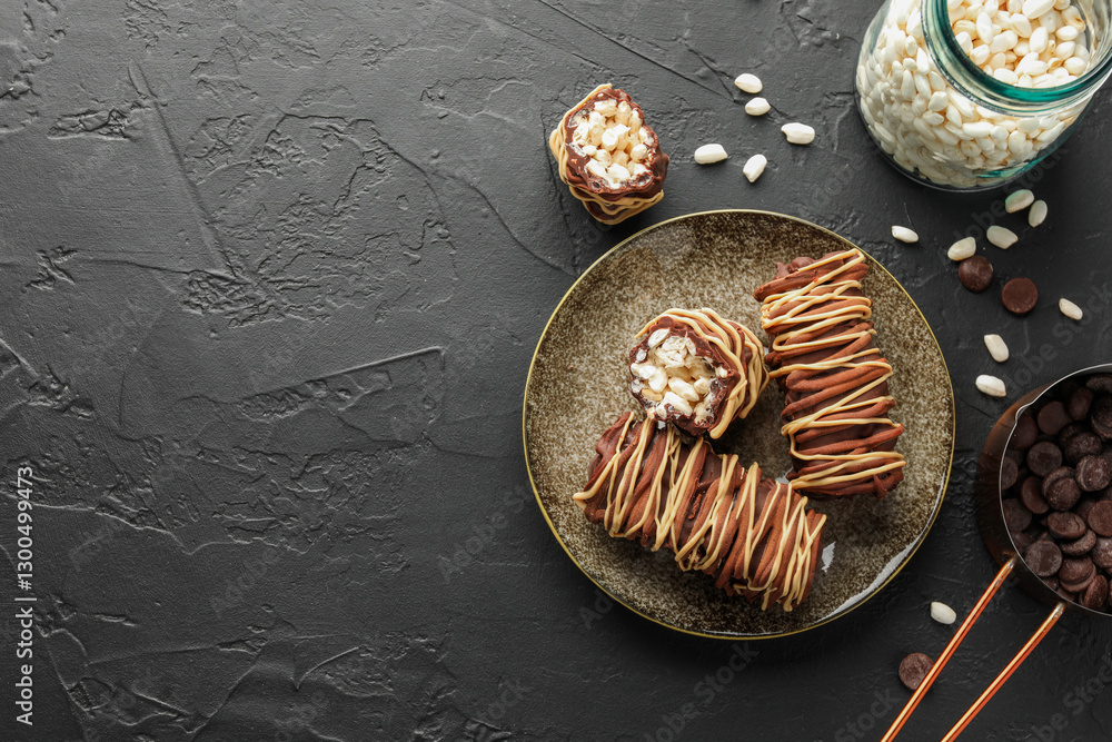 Delicious chocolate puffed rice bars and ingredients on dark gray textured table, flat lay. Space for text Delicious chocolate puffed rice bars and ingredients on dark gray textured table, flat lay. Space for text