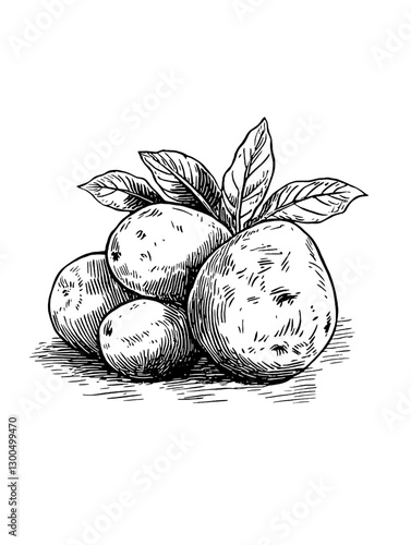 Vector engraved illustration of fresh potatoes with leaves arranged on a textured background