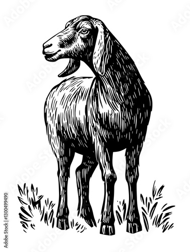 Engraved illustration of a standing goat in a natural setting with grass and a detailed depiction of its features