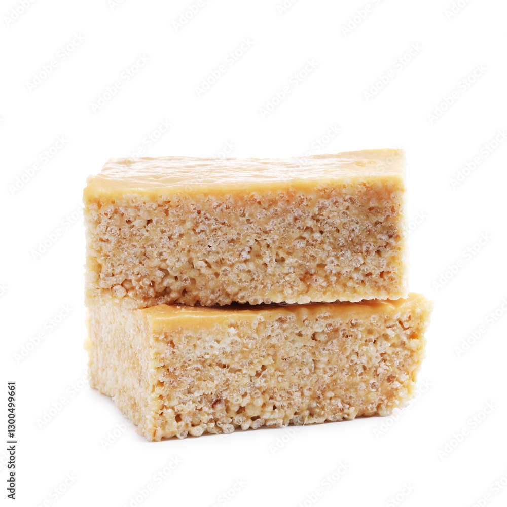Delicious caramel puffed rice bars isolated on white Delicious caramel puffed rice bars isolated on white