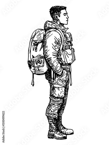 Vector engraved illustration of a soldier standing with a backpack in military attire