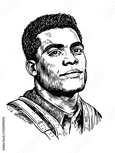 Captivating vector engraved illustration of a confident young man with striking features and a determined expression