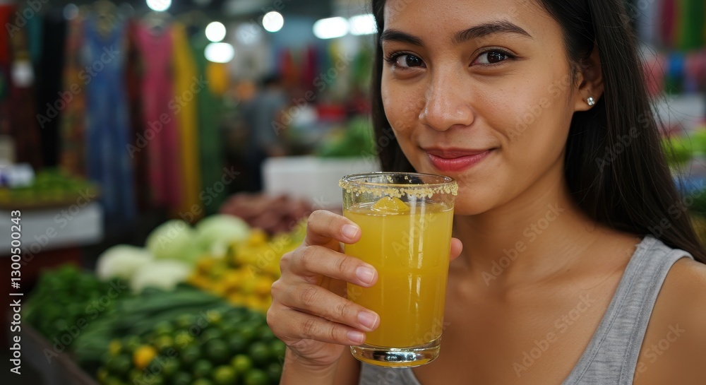 Woman Enjoying a Refreshing Citrus Drink at a Vibrant Market Woman Enjoying a Refreshing Citrus Drink at a Vibrant Market