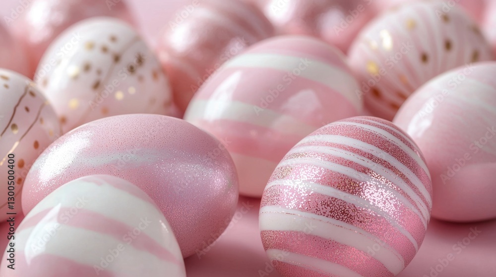 Fototapeta premium A variety of elegantly designed pastel pink Easter eggs are displayed, showcasing glossy finishes and intricate patterns, perfect for spring festivities and holiday traditions