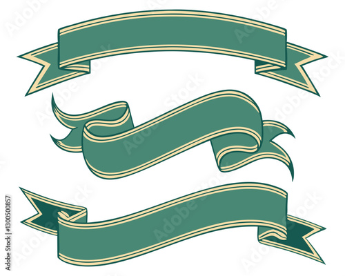 A collection of decorative ribbon banners in shades of green with gold trim, ideal for text placement, isolated on a white background.
