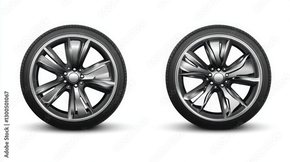 This image showcases two elegant car wheels side by side, highlighting their unique designs and shiny finish. Ideal for automotive enthusiasts. This image showcases two elegant car wheels side by side, highlighting their unique designs and shiny finish. Ideal for automotive enthusiasts.