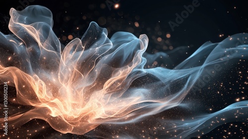 An artistic display of swirling colors and luminous particles creates a mesmerizing effect against a black backdrop. The vibrant shapes evoke a sense of motion and depth photo