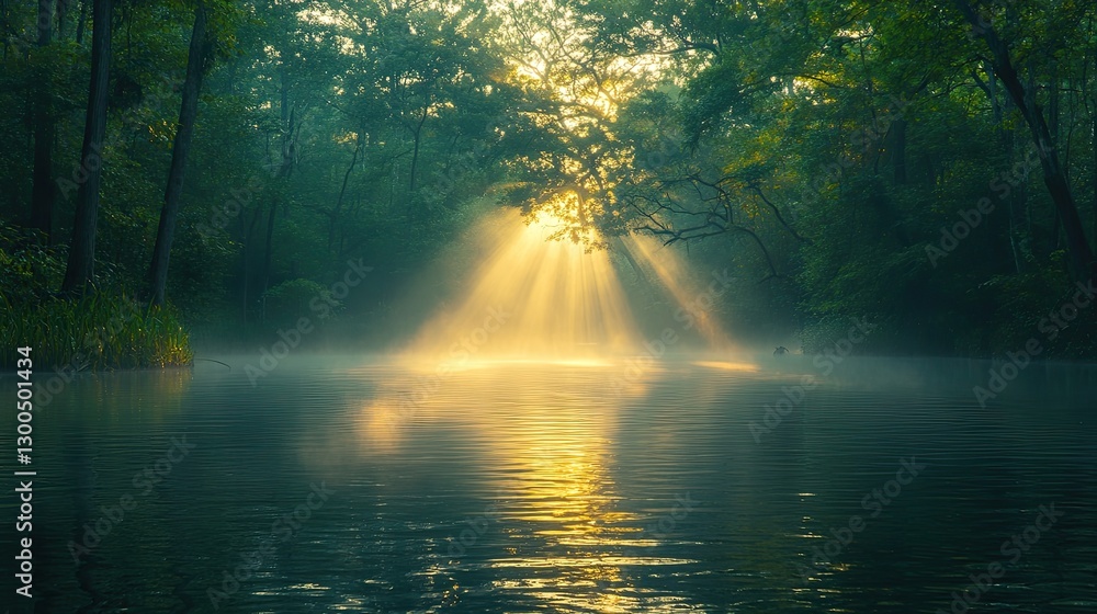 Sunrise rays through misty forest river Sunrise rays through misty forest river
