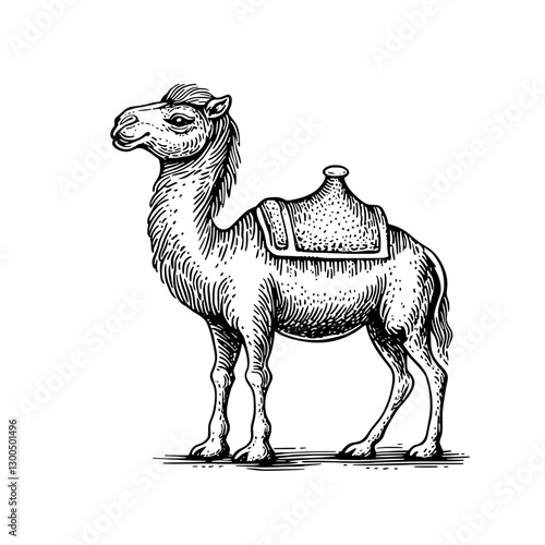 Vector engraved illustration of a camel designed for saddle use in arid landscapes during daylight hours