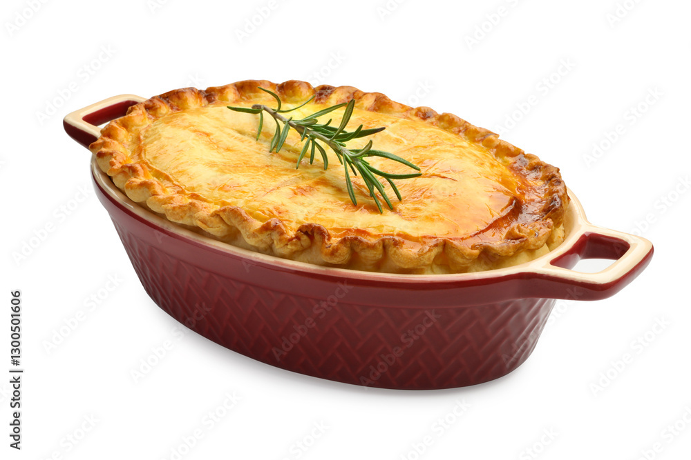 Delicious fresh homemade pie with rosemary isolated on white Delicious fresh homemade pie with rosemary isolated on white