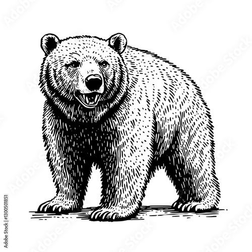 Grizzly bear illustration showcasing intricate details and natural strength in a vector engraved style