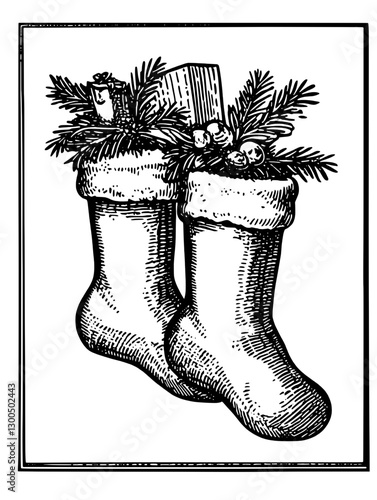 Vintage engraved illustration of festive stockings adorned with holiday greenery and decorations