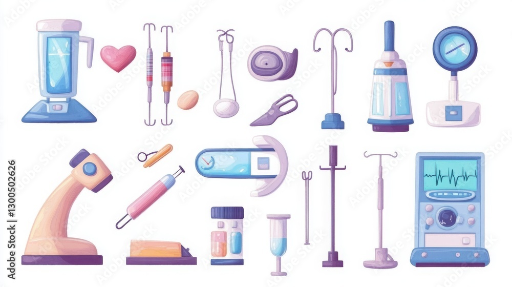 A colorful illustration of various medical instruments including a microscope, blenders, and syringes on a white background, perfect for creative projects. A colorful illustration of various medical instruments including a microscope, blenders, and syringes on a white background, perfect for creative projects.