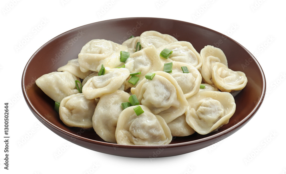 Tasty dumplings with green onion in bowl isolated on white Tasty dumplings with green onion in bowl isolated on white