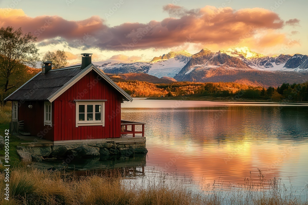 Fototapeta premium Cozy red cabin by serene lake at sunset with mountains in background, picturesque landscape, tranquil nature scene, relaxation getaway in Norway.