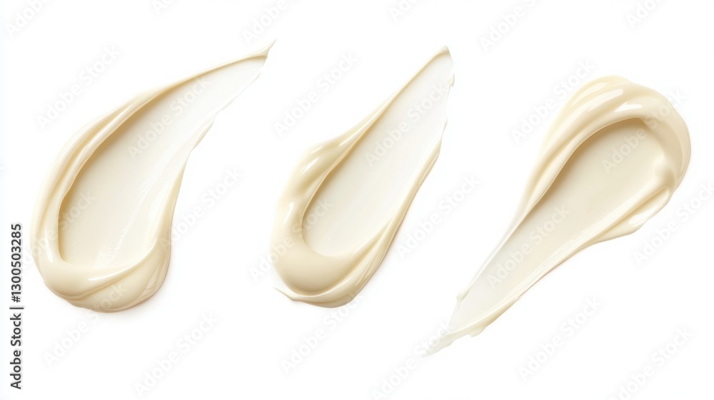 A clean and isolated image of three strokes of cream or lotion against a white background, showcasing a smooth and soft texture. A clean and isolated image of three strokes of cream or lotion against a white background, showcasing a smooth and soft texture.