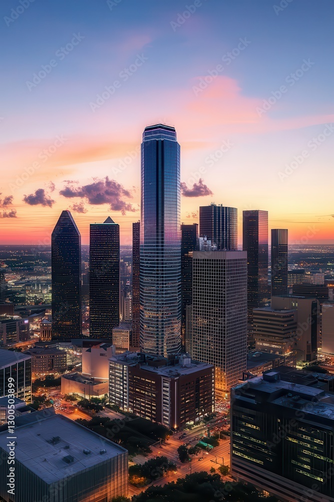 Fototapeta premium Dallas skyline at sunset with city buildings, urban landscape, modern architecture, vibrant colors, evening light, Texas cityscape, travel destination.