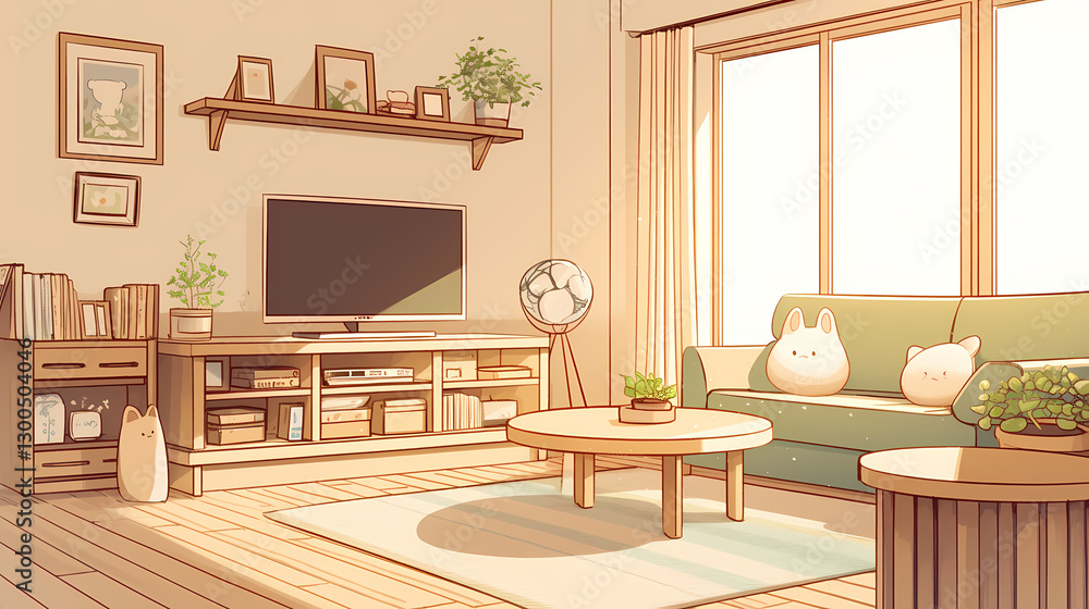Fototapeta premium Cozy living room with soft lighting, green couch, cute plush toys, and a view of nature outside