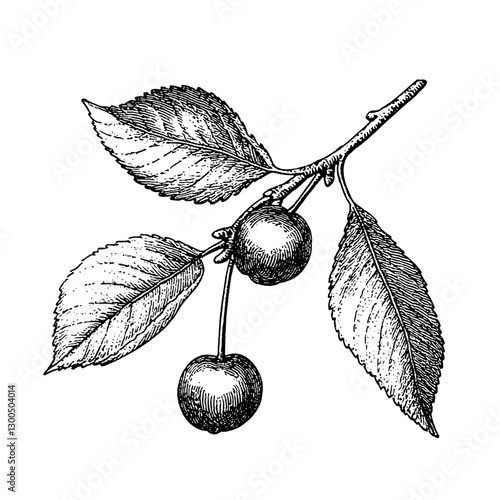 Vector engraved illustration of cherry branch with leaves and fruits showcasing natural details and textures