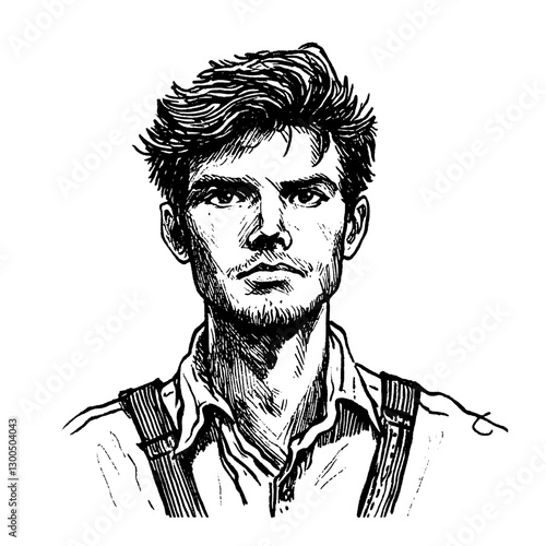 Engraved illustration of a young man with a serious expression and distinct hairstyle wearing suspenders and a collared shirt