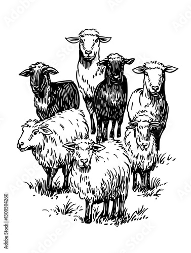 Engraved illustration featuring a group of sheep in a natural setting with detailed textures and variation in wool patterns