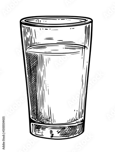 Vector engraved illustration of a clear glass filled with water on a white background showcasing detailed craftsmanship