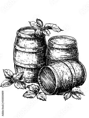 Vintage engraved illustration of wooden barrels surrounded by leaves showcasing rustic craftsmanship and natural beauty