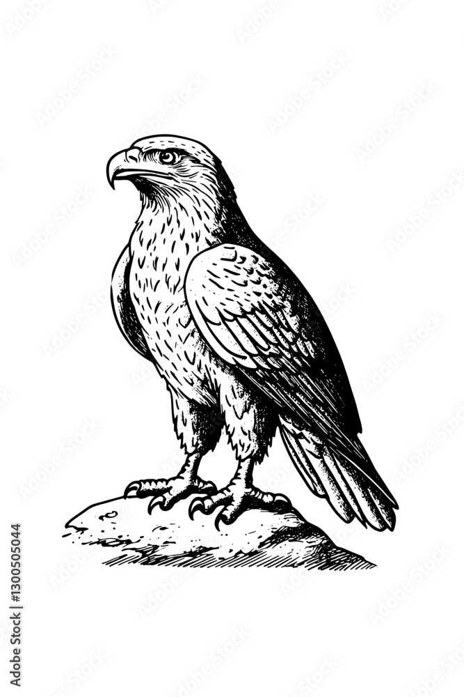 Obraz premium Intricate vector engraved illustration of a majestic eagle perched on a rocky surface