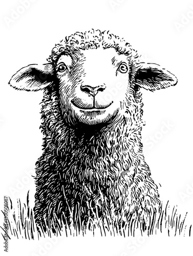 Cute sheep illustration with detailed engraving showcasing the animal's friendly expression in a grassy setting