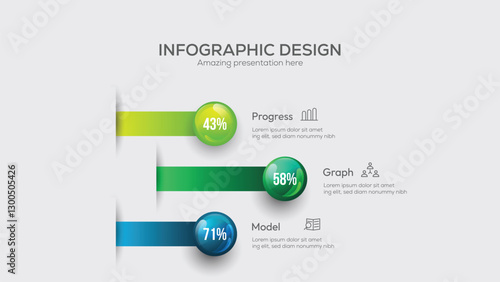 Business 3 option infographic presentation vector 3D colorful balls illustration. Company statistics information graphic visualization template Corporate marketing analytics data report design layout
