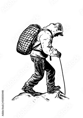 Vector engraved illustration of a hiker ascending a mountain in a rugged terrain during an outdoor expedition