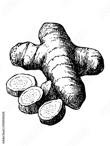 Engraved vector illustration of fresh ginger root and sliced pieces on a white background