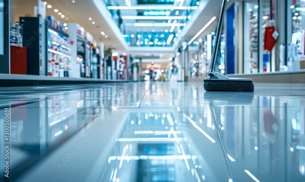 Obraz premium Mop cleaning a bright reflective shopping mall floor.