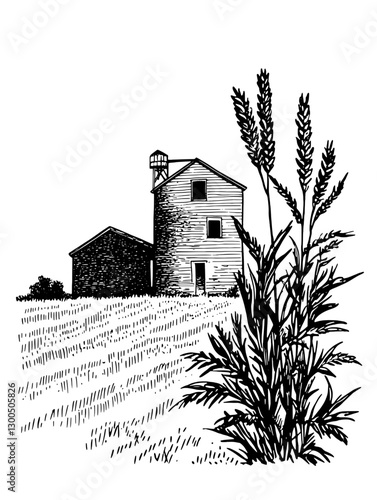 Engraved illustration of a rustic farmhouse and silo surrounded by tall grass under a clear sky