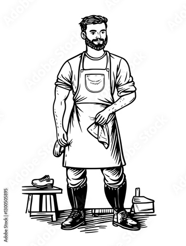 Skilled shoemaker in apron presenting craftsmanship in traditional workshop setting for quality footwear production
