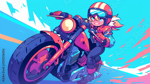 A vibrant illustration of a young girl riding a motorcycle at high speed, with dynamic colors and motion effects