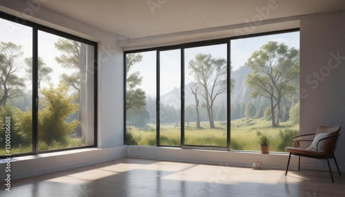 Minimalist magazine spread with a large window to the outdoors,  desk,  papers,  window