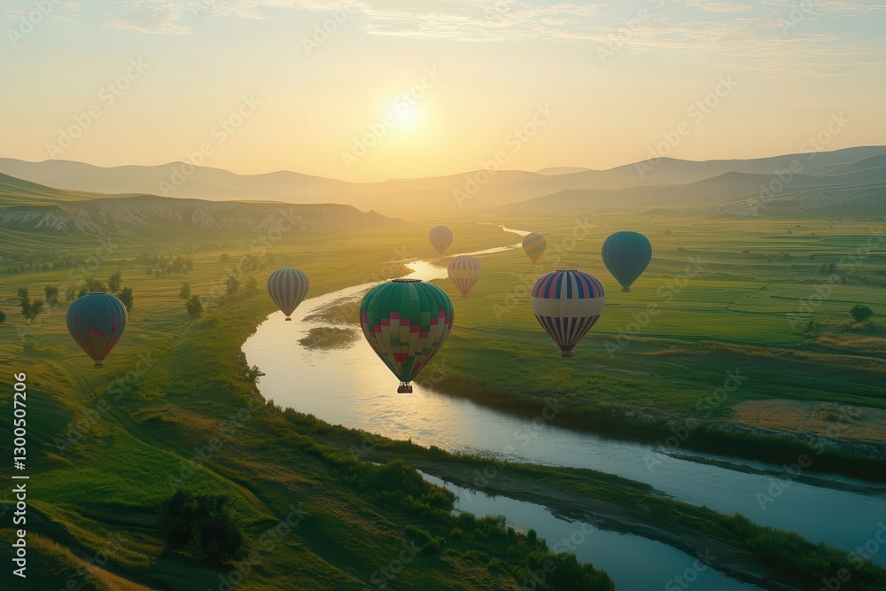 Obraz premium Hot air balloons flying over scenic landscape at sunrise with river and hills, adventure travel experience, outdoor recreation, tourism and exploration.