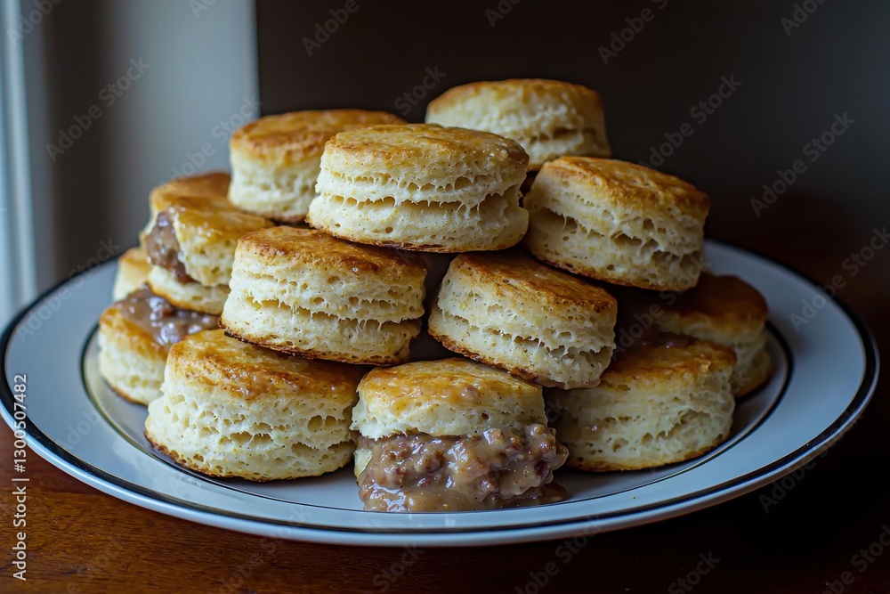 A tempting stack of homemade biscuits with sausage gravy, a classic Southern breakfast dish, showcasing golden, flaky biscuits generously filled with savory goodness. A tempting stack of homemade biscuits with sausage gravy, a classic Southern breakfast dish, showcasing golden, flaky biscuits generously filled with savory goodness.