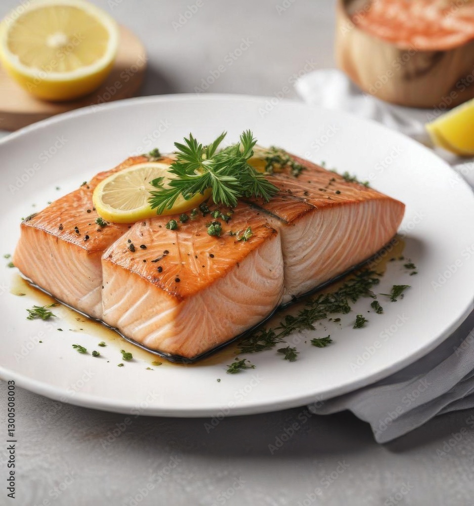 Pan-seared salmon fillet with herbs and lemon on a white plate , plate, herb sauce, fish fillet Pan-seared salmon fillet with herbs and lemon on a white plate , plate, herb sauce, fish fillet