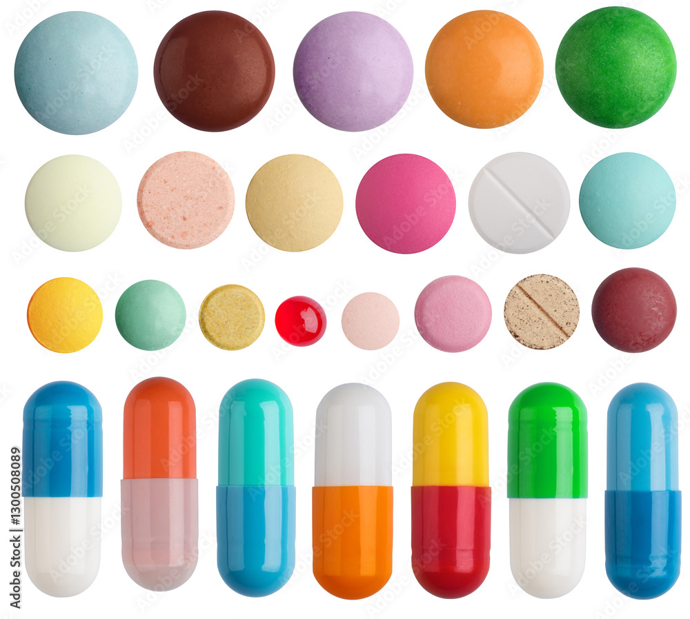 Medical tablets, pills, capsules, medicines isolated on a white background. Different types of pills, colorful medical tablets. Medical tablets, pills, capsules, medicines isolated on a white background. Different types of pills, colorful medical tablets.