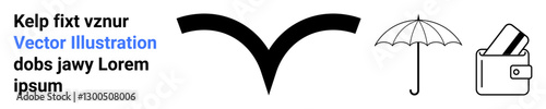 Abstract symbols including text in different fonts, a curved check mark, an umbrella, and a wallet with cards. Ideal for graphic design, branding, web design, educational materials, visual