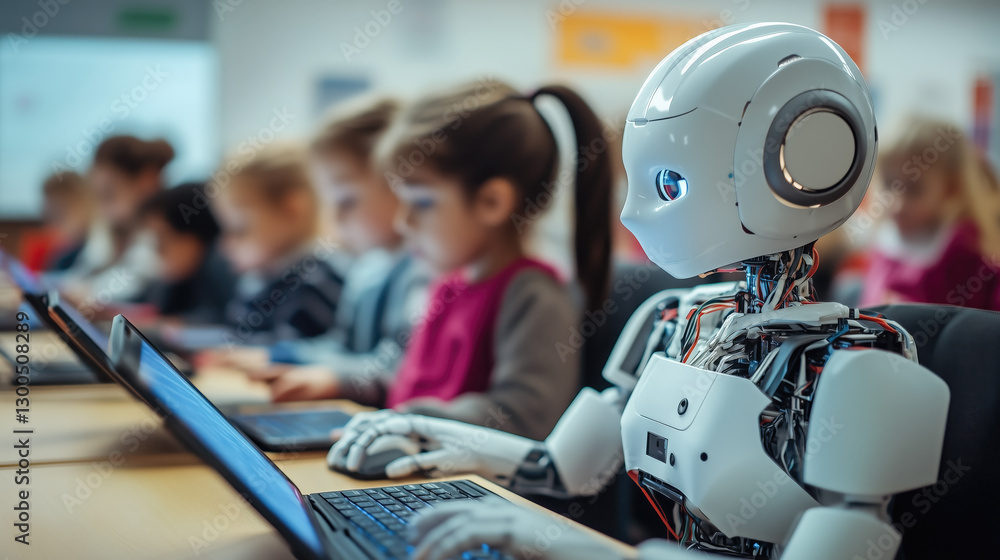 Fototapeta premium Students learn online with futuristic technology. The concept of advanced education, digital learning, and innovation in virtual classrooms. Generative AI.