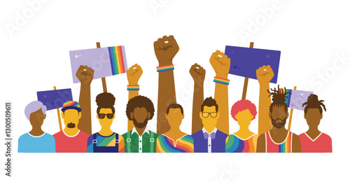 LGBTQ rights or, protest against transphobia, homophobia and biphobia concept featuring people, with raised fists and placards in the background