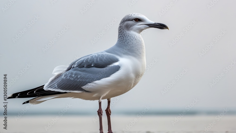 Fototapeta premium Majestic Gray Seagull Stands Gracefully on Sandy Beach with Soft Light against Light Background