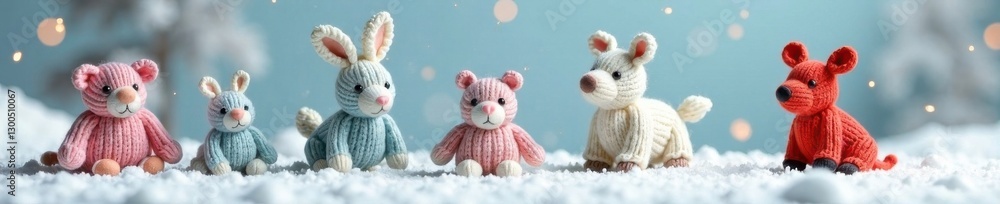 Fototapeta premium Adorable Hand-knitted Snow Creatures in a Whiteout Landscape , wool, snowflake