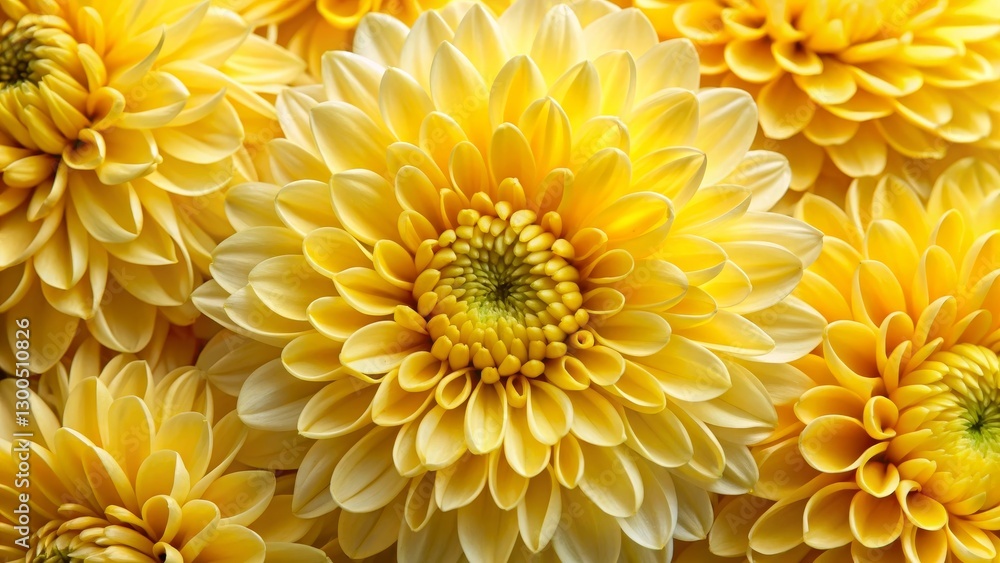 A Close-Up View of Several Vivid Yellow Dahlias, Showcasing the Intricate Detail of Their Numerous Petals and the Delicate Gradation of Color Within Each Blossom A Close-Up View of Several Vivid Yellow Dahlias, Showcasing the Intricate Detail of Their Numerous Petals and the Delicate Gradation of Color Within Each Blossom