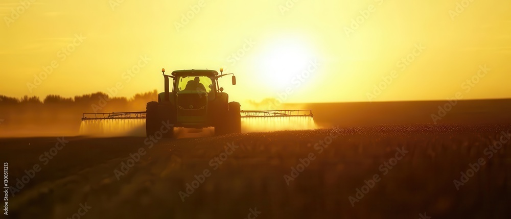 Fototapeta premium Tractor working in agricultural field during sunset, farmer cultivating crops, rural landscape, machinery in farm, golden hour, farming equipment, harvest time.