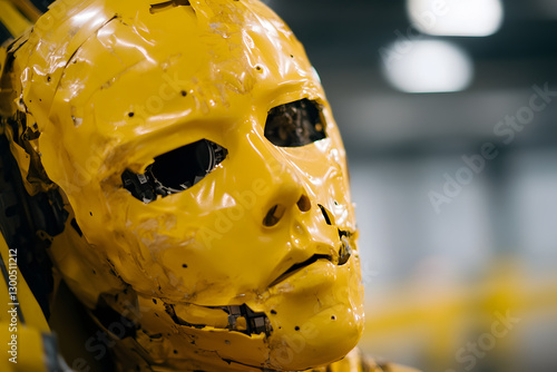 Dismantled Yellow Robot: A stark exploration of artificial intelligence and decay in a factory setting. Striking color contrast. photo